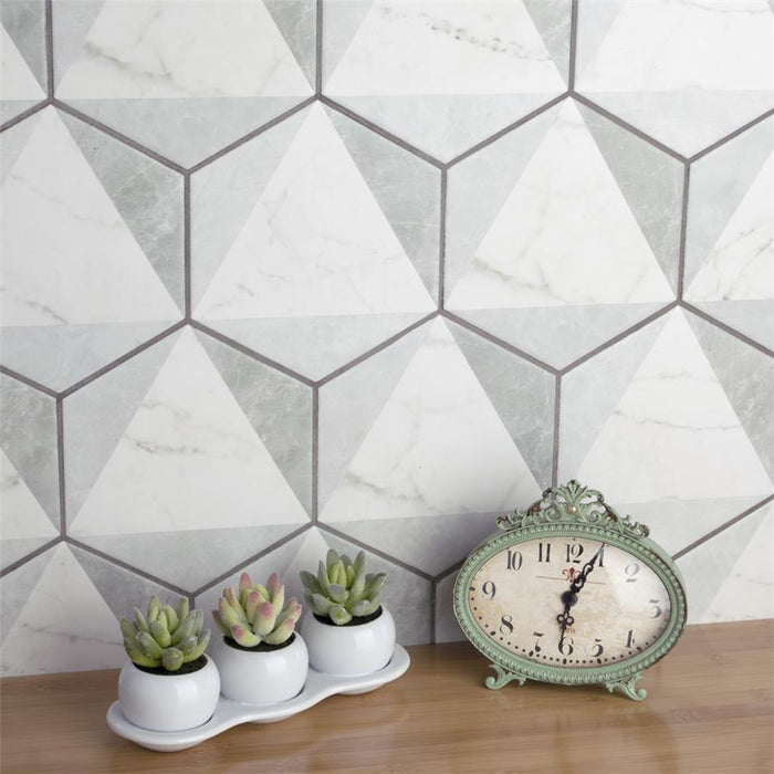SomerTile - Classico Carrara Hexagon Peak 7"x 8" Porcelain Tile Wall Install