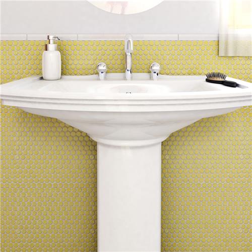 SomerTile - Hudson Penny Round Gloss Mosaic - Vintage Yellow Wall Install