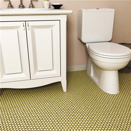 SomerTile - Hudson Penny Round Gloss Mosaic - Vintage Yellow Floor Install