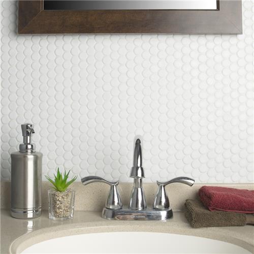 SomerTile - Hudson Penny Round Gloss Mosaic - Matte White Wall Install