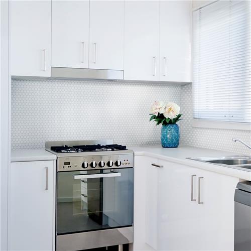 SomerTile - Hudson Penny Round Gloss Mosaic - Glossy White Wall Install