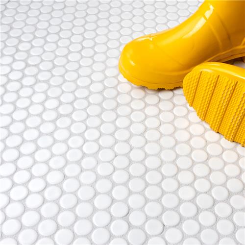 SomerTile - Hudson Penny Round Gloss Mosaic - Glossy White Floor Install