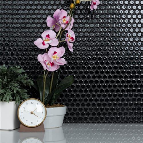 SomerTile - Hudson Penny Round Gloss Mosaic - Glossy Black Wall Install