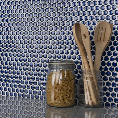 SomerTile - Hudson Penny Round Gloss Mosaic - Blue Eye Wall Install