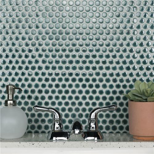 SomerTile - Hudson Penny Round Gloss Mosaic - Emerald Installed