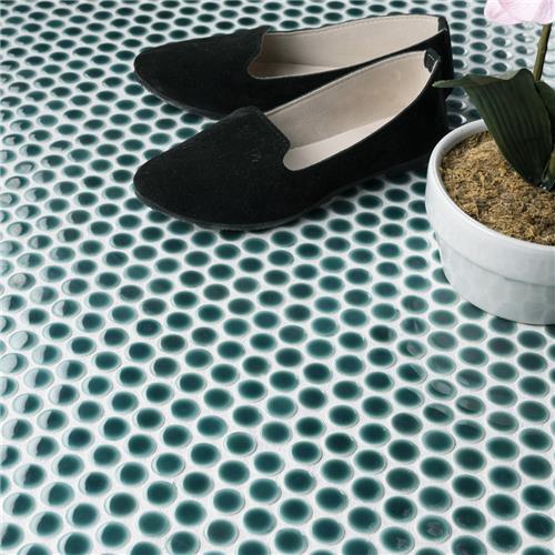 SomerTile - Hudson Penny Round Gloss Mosaic - Emerald Floor Install