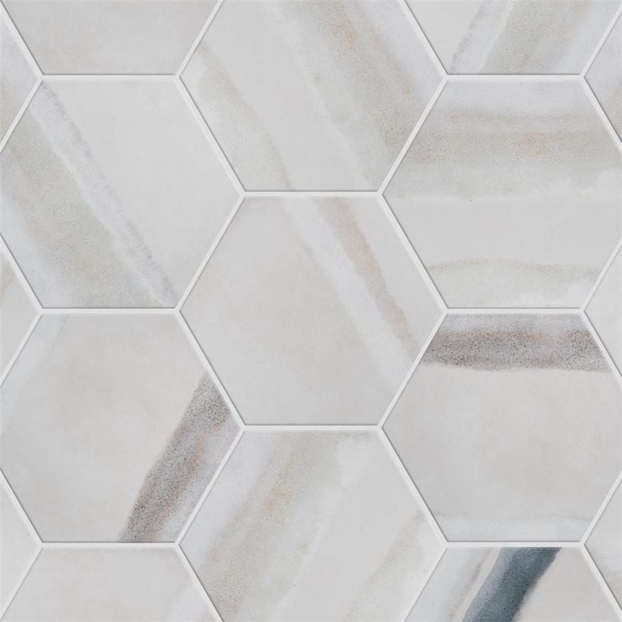 SomerTile - Matter Hexagon 7&quot; x 9&quot; Porcelain Tile - Bone Blue White Grout
