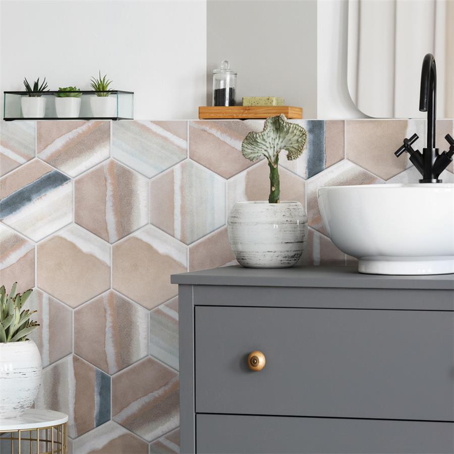 SomerTile - Matter Hexagon 7&quot; x 9&quot; Porcelain Tile - Taupe Blue Wall Install