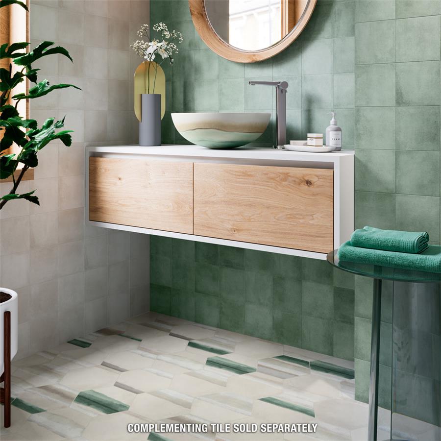 SomerTile - Matter Hexagon 7&quot; x 9&quot; Porcelain Tile - Bone Green Bathroom Install
