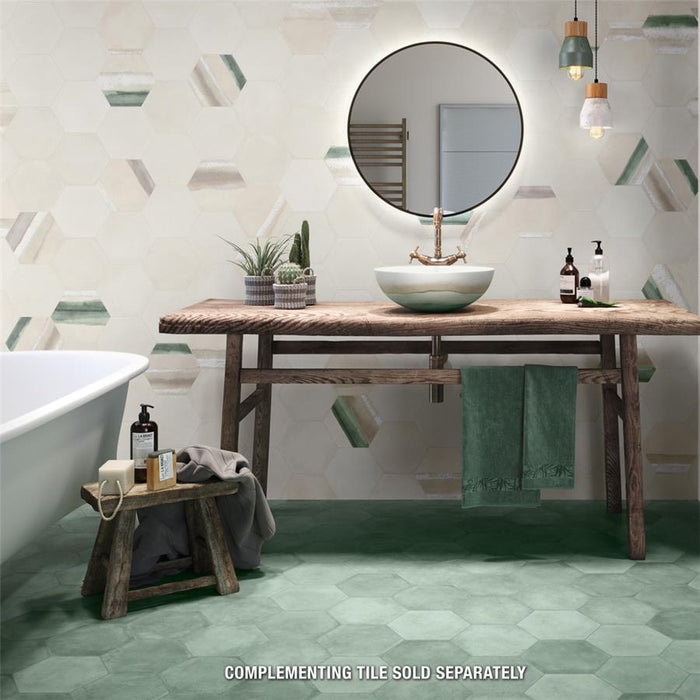 SomerTile - Matter Hexagon 7" x 9" Porcelain Tile - Bone Green Room scene
