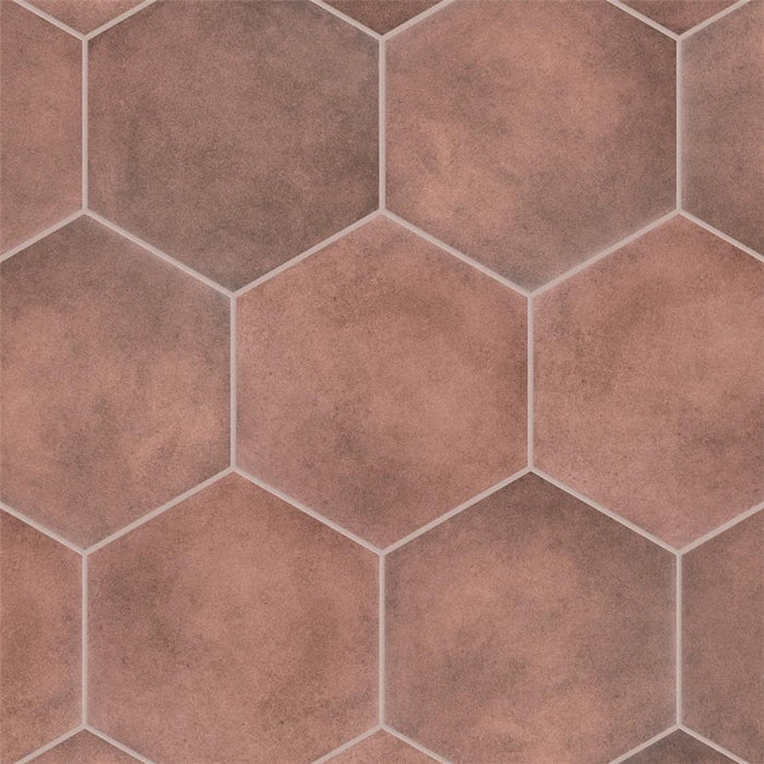 SomerTile - Matter Hexagon 7" x 9" Porcelain Tile - Red White Grout
