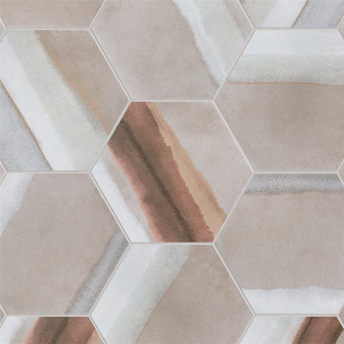 SomerTile - Matter Hexagon 7" x 9" Porcelain Tile - Taupe Red White Grout