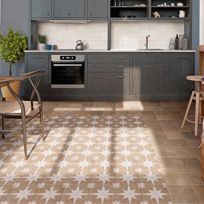 SomerTile - Compass Star 8" x 8" Porcelain Tile - Sand Stone Kitchen Install