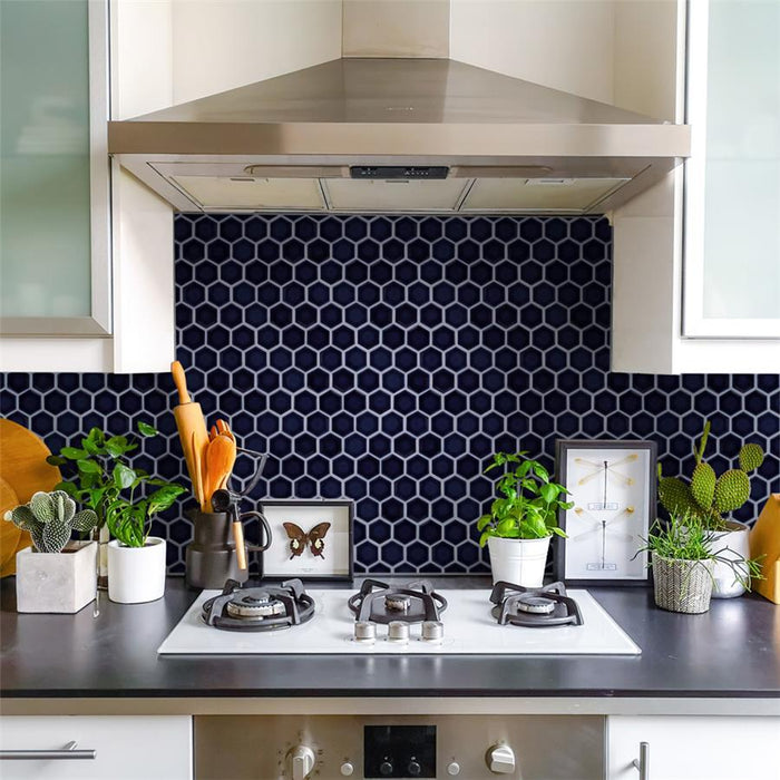 SomerTile - Hudson Due 2" Hex Mosaic - Smoky Blue Room Scene