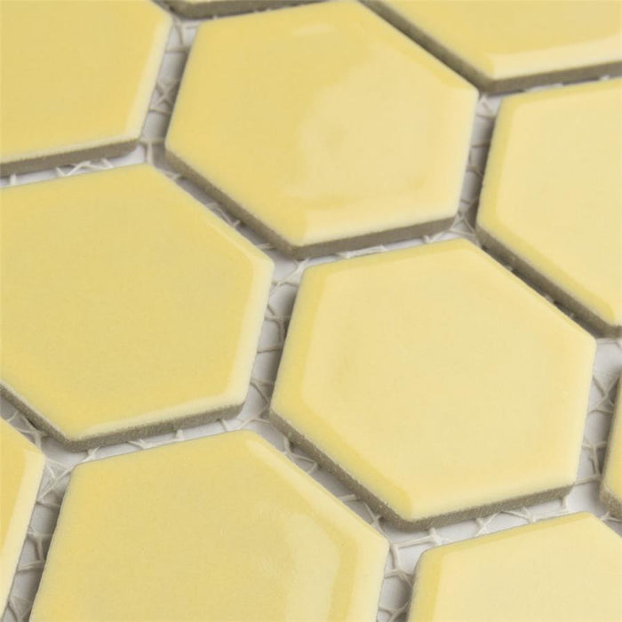 SomerTile - Hudson Due 2" Hex Mosaic - Vintage Yellow Close View