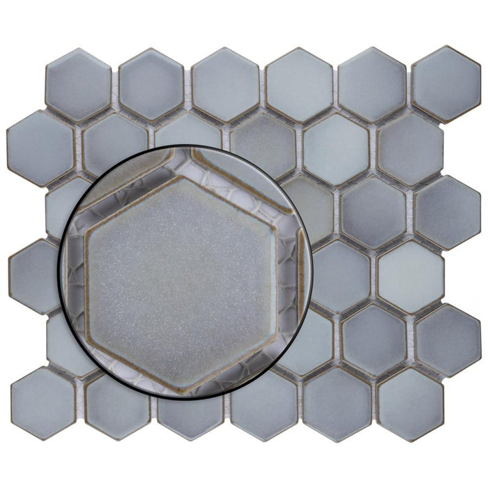 SomerTile - Hudson Due 2" Hex Mosaic - Grey Eye Close
