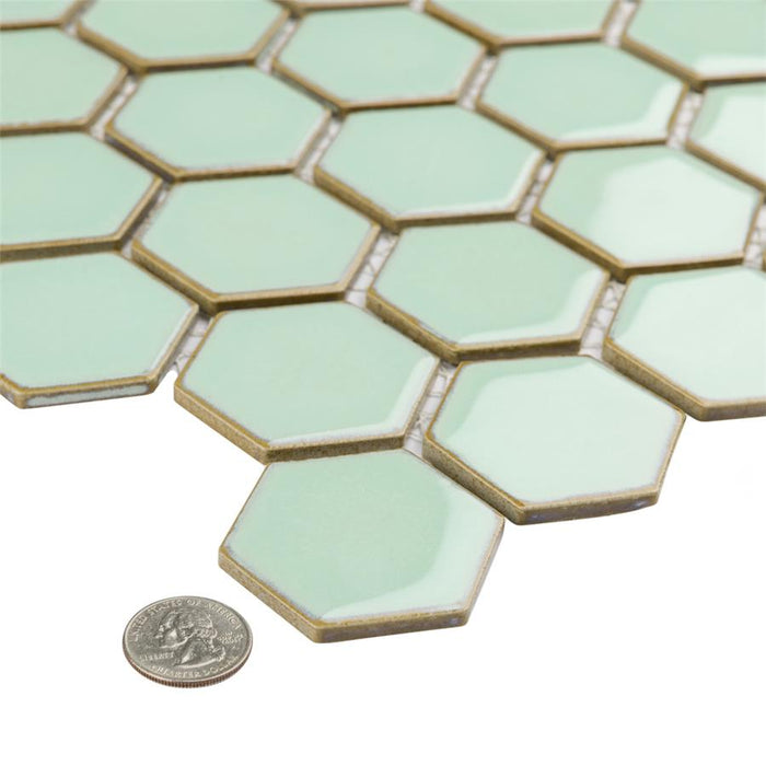 SomerTile - Hudson Due 2" Hex Mosaic - Light Green Close