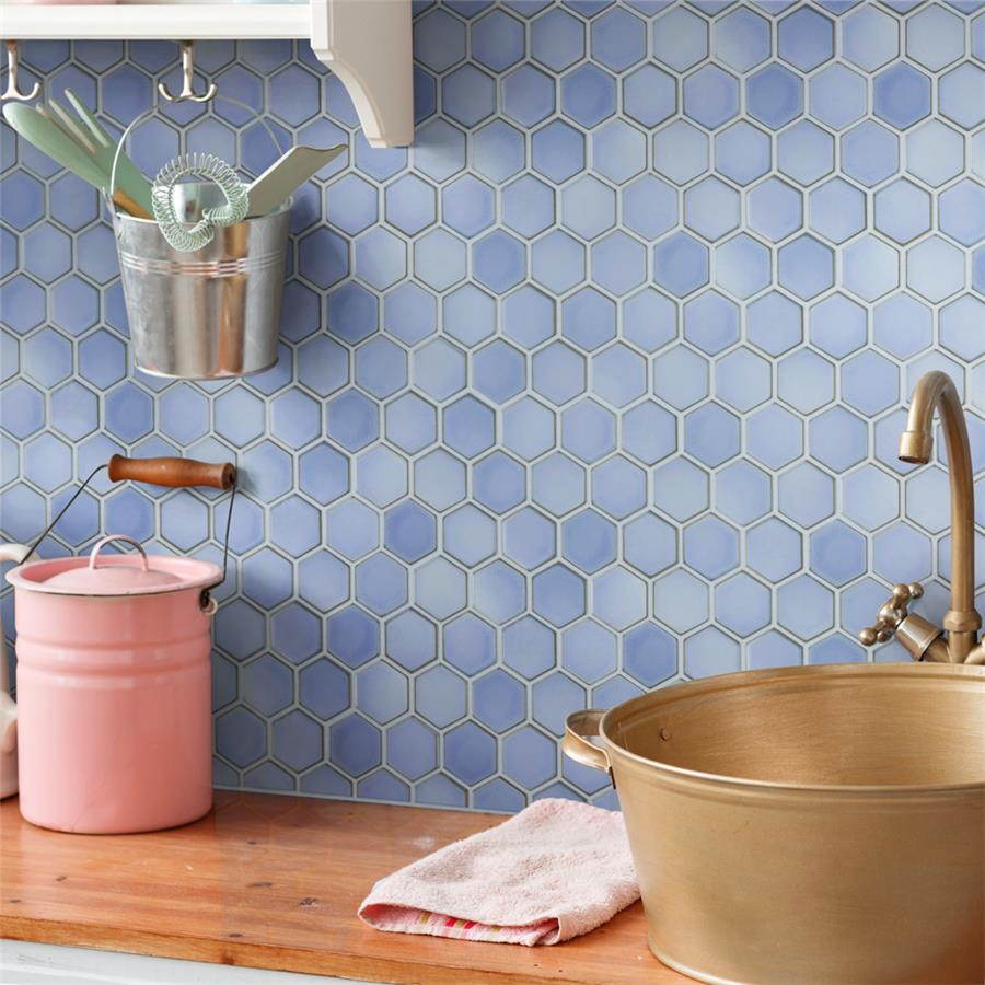 SomerTile - Hudson Due 2&quot; Hex Mosaic - Frost Blue Installed