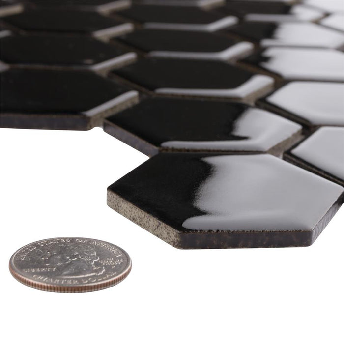 SomerTile - Hudson Due 2" Hex Mosaic - Glossy Black Close