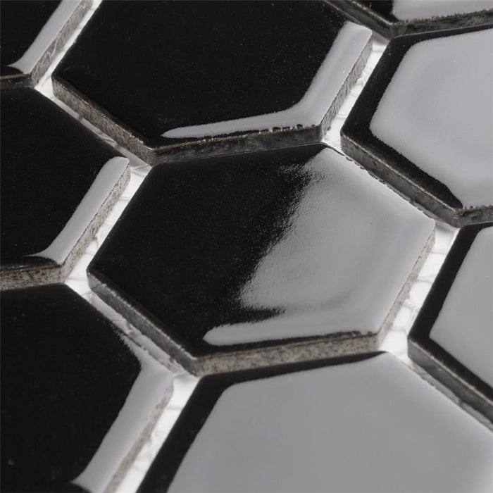 SomerTile - Hudson Due 2" Hex Mosaic - Glossy Black Close View