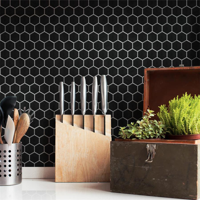 SomerTile - Hudson Due 2" Hex Mosaic - Glossy Black Installed