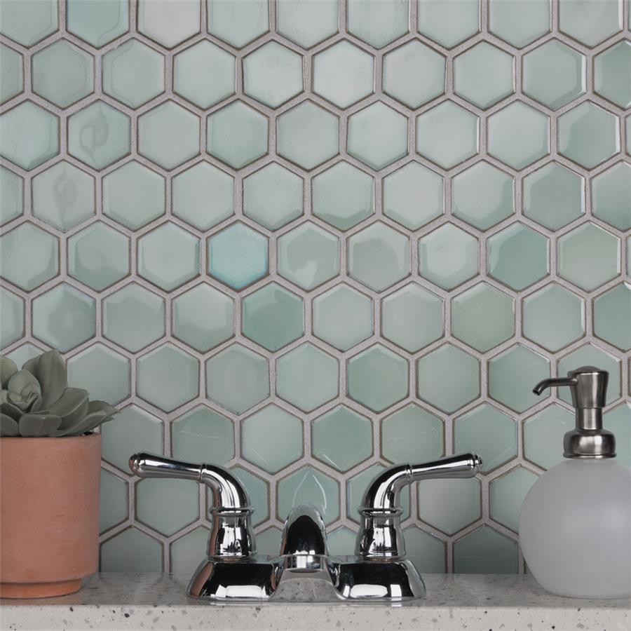 SomerTile - Hudson Due 2&quot; Hex Mosaic - Mint Green Installed