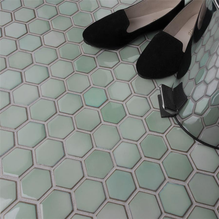 SomerTile - Hudson Due 2" Hex Mosaic - Mint Green Floor Install