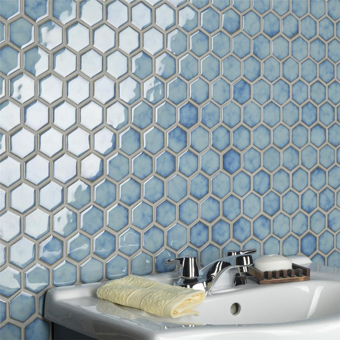 SomerTile - Hudson Due 2" Hex Mosaic - Marine Wall Install