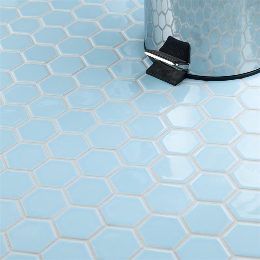 SomerTile - Hudson Due 2&quot; Hex Mosaic - Cashmere Blue Floor Install