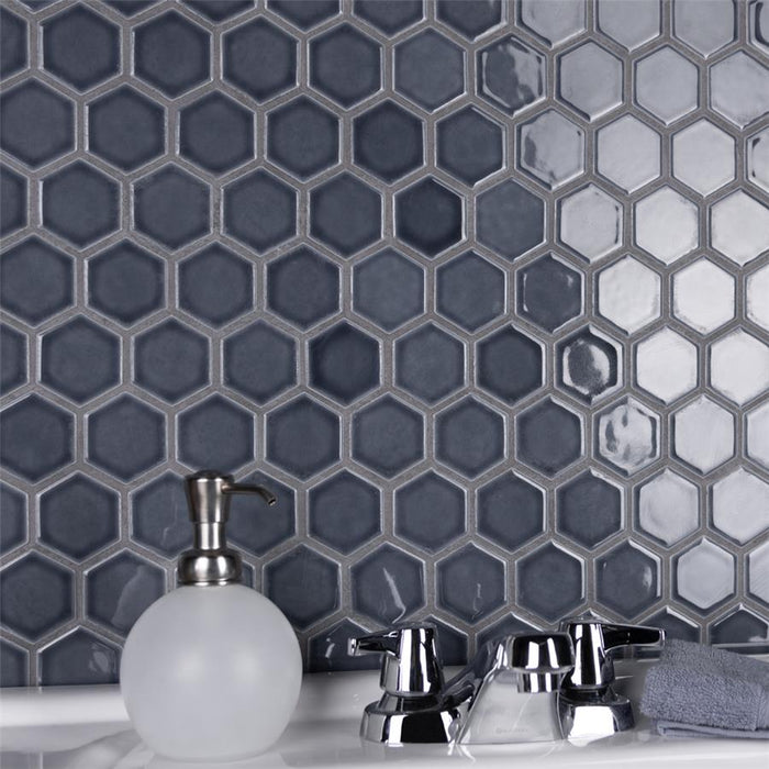 SomerTile - Hudson Due 2" Hex Mosaic - Storm Grey Wall Install