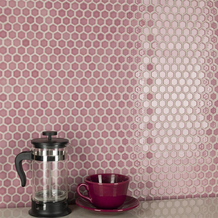 SomerTile - Tribeca Hex 1" Mosaic - Glossy Blush Wall Install