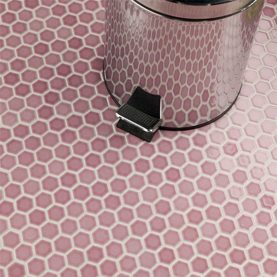 SomerTile - Tribeca Hex 1&quot; Mosaic - Glossy Blush Floor Install