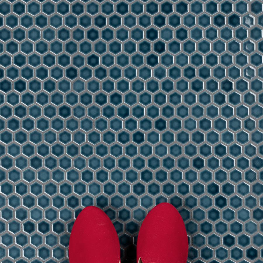SomerTile - Tribeca Hex 1&quot; Mosaic - Glacier Blue Floor Install