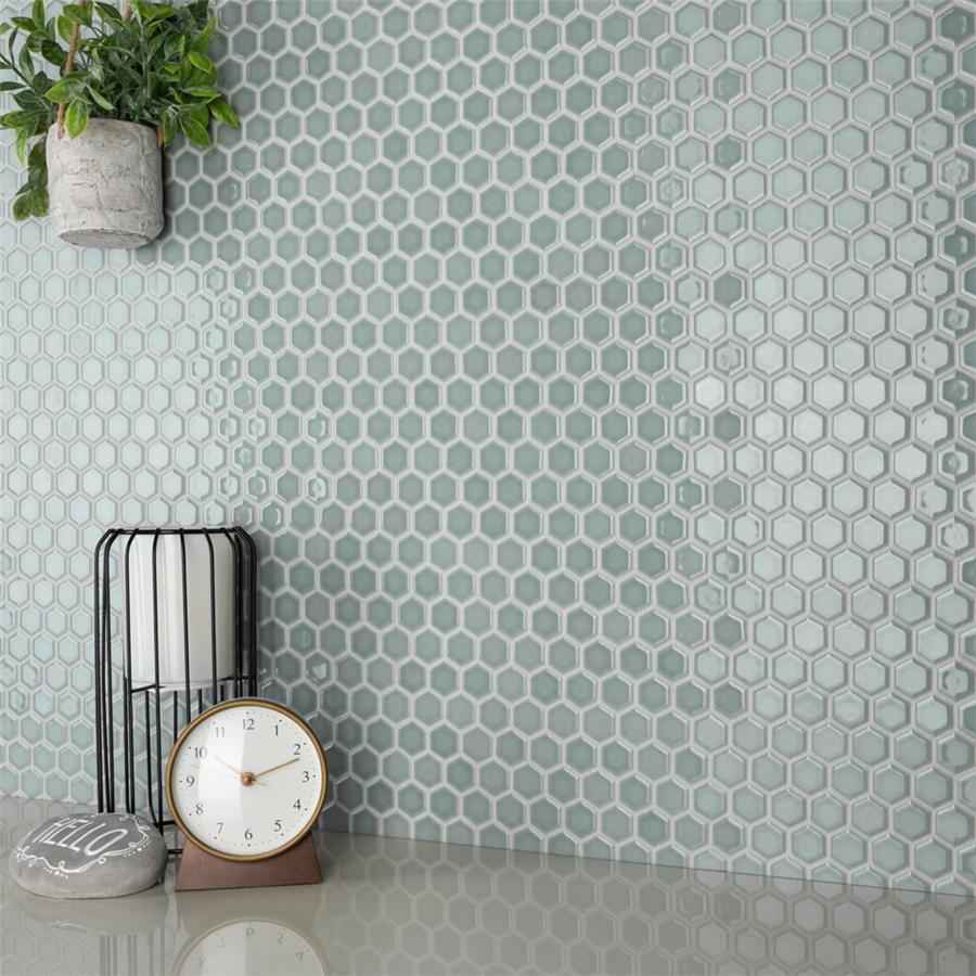 SomerTile - Tribeca Hex 1&quot; Mosaic - Glossy Mist Wall Install