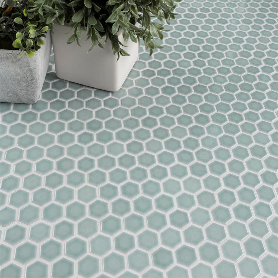 SomerTile - Tribeca Hex 1&quot; Mosaic - Glossy Mist Floor Install
