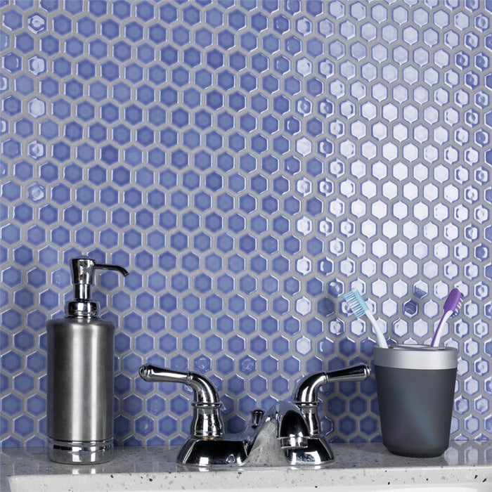 SomerTile - Tribeca Hex 1" Mosaic - Glossy Periwinkle Wall Install