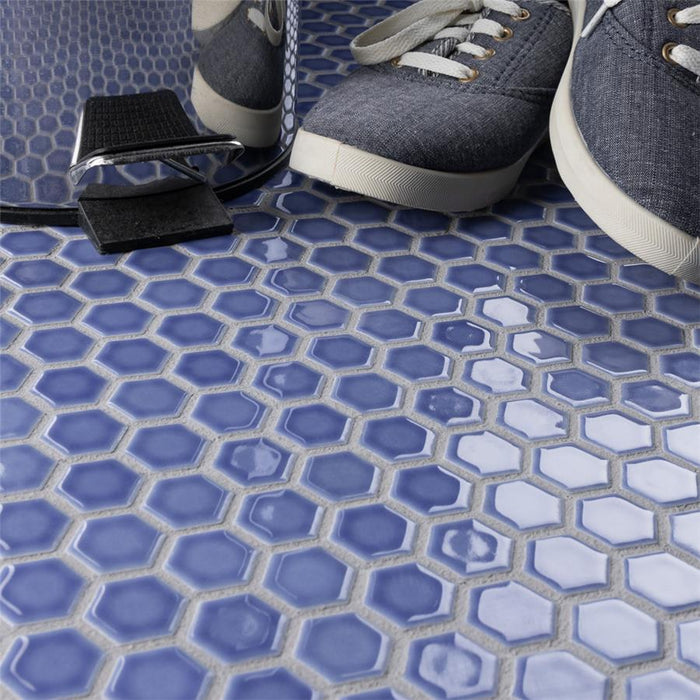SomerTile - Tribeca Hex 1" Mosaic - Glossy Periwinkle Floor Install