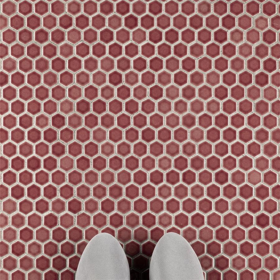 SomerTile - Tribeca Hex 1&quot; Mosaic - Glossy Rusty Red Floor Install
