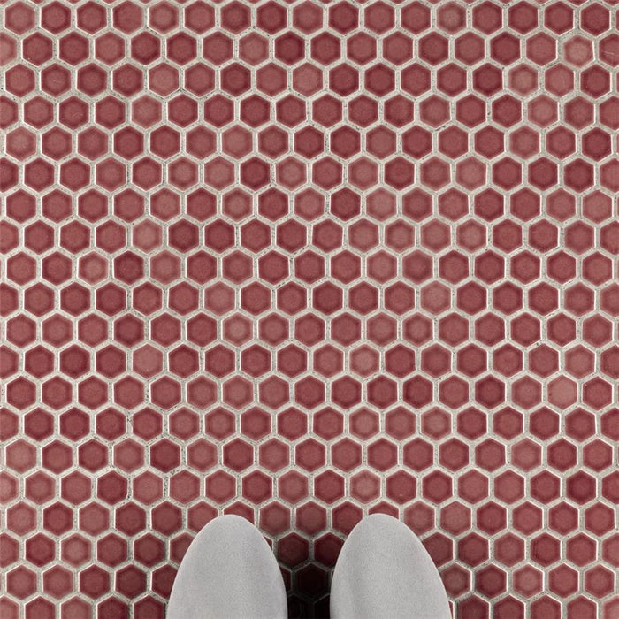 SomerTile - Tribeca Hex 1" Mosaic - Glossy Rusty Red Floor Install