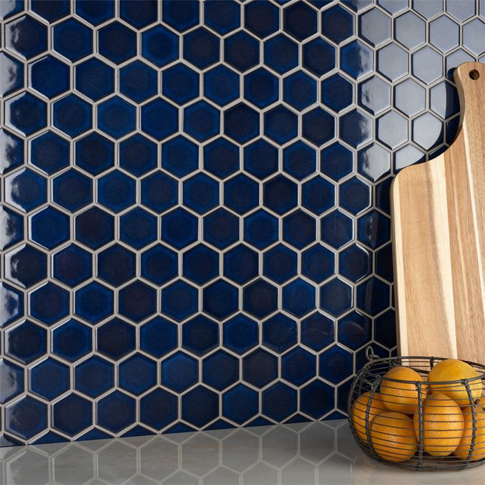 SomerTile - Tribeca Hex 2" Mosaic - Glossy Cobalt Wall Install