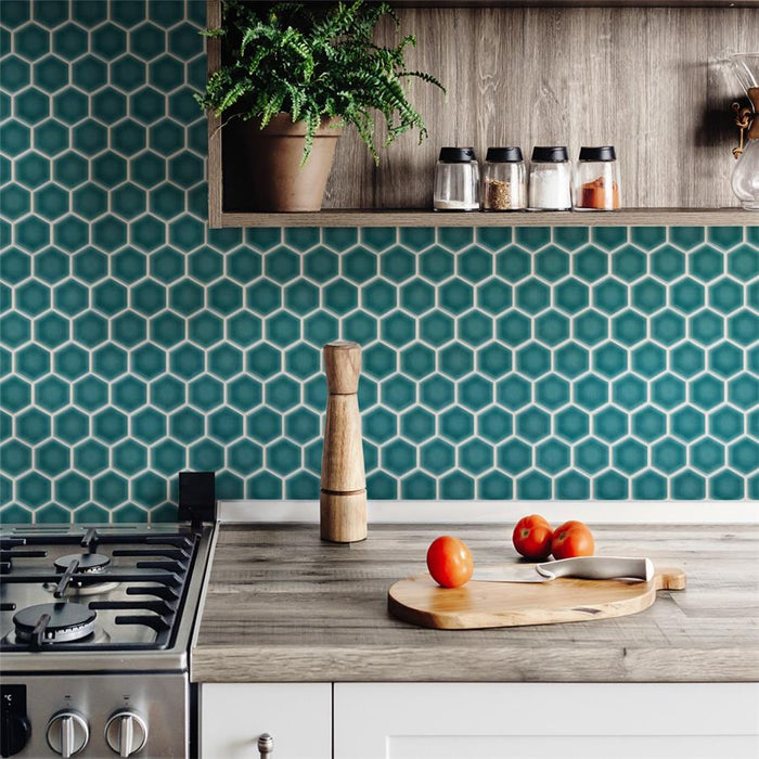 SomerTile - Tribeca Hex 2" Mosaic - Glossy Jade Wall Install