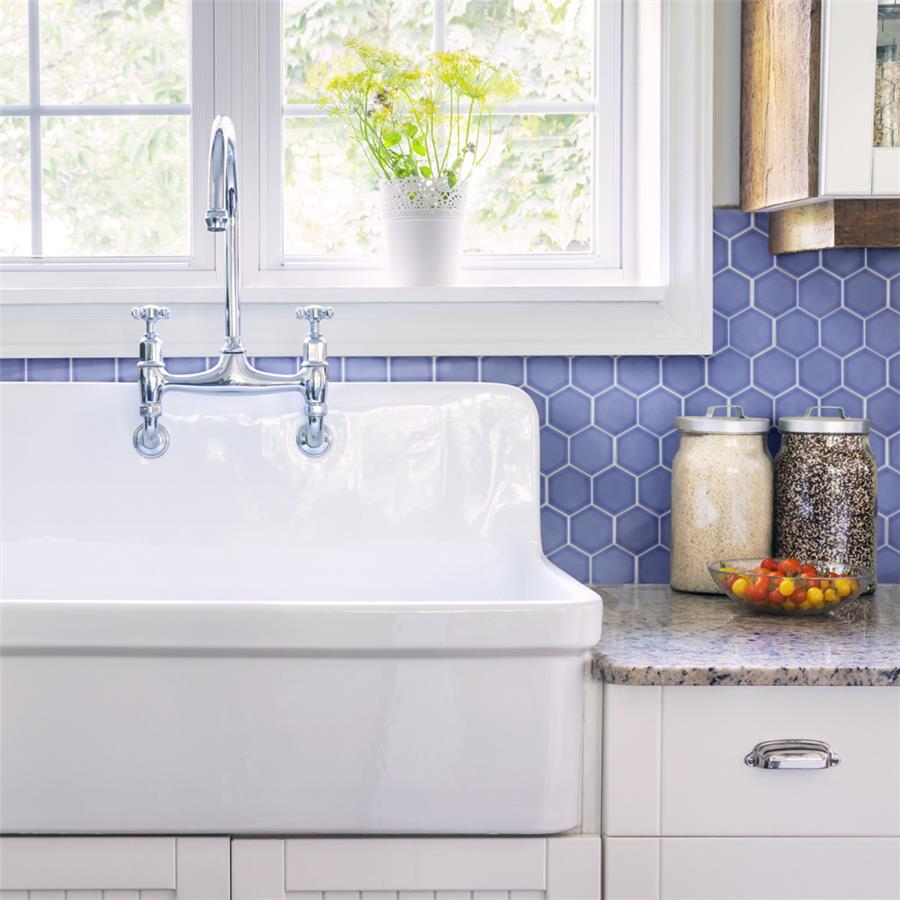 SomerTile - Tribeca Hex 2&quot; Mosaic - Glossy Periwinkle Kitchen Install