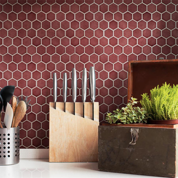 SomerTile - Tribeca Hex 2" Mosaic - Glossy Rusty Red Wall Install