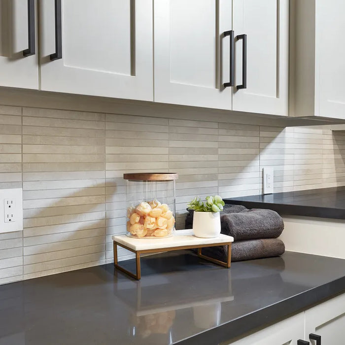 Arizona Tile - Reside Series - 1" x 12" Porcelain Mosaic - Beige wall installation