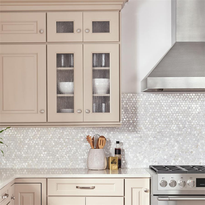 SomerTile - Conchella Penny Natural Seashell Mosaic - White Wall Install