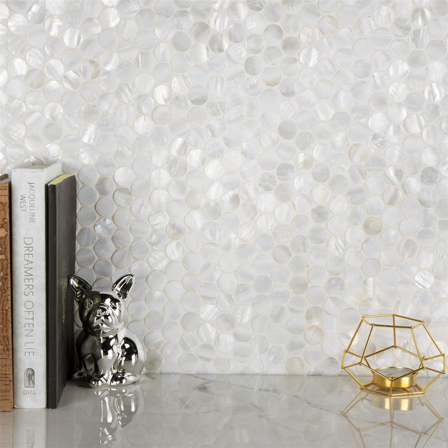 SomerTile - Conchella Mini Penny Natural Seashell Mosaic - White Wall Install