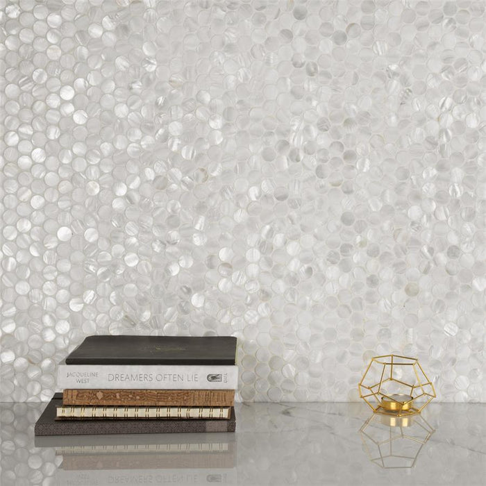 SomerTile - Conchella Mini Penny Natural Seashell Mosaic - White Installed