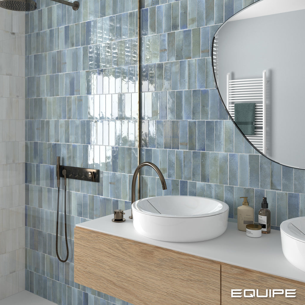 Equipe - Hanoi 2 1/2&quot; x 8&quot; Ceramic Tile - Sky Blue Bathroom Installed
