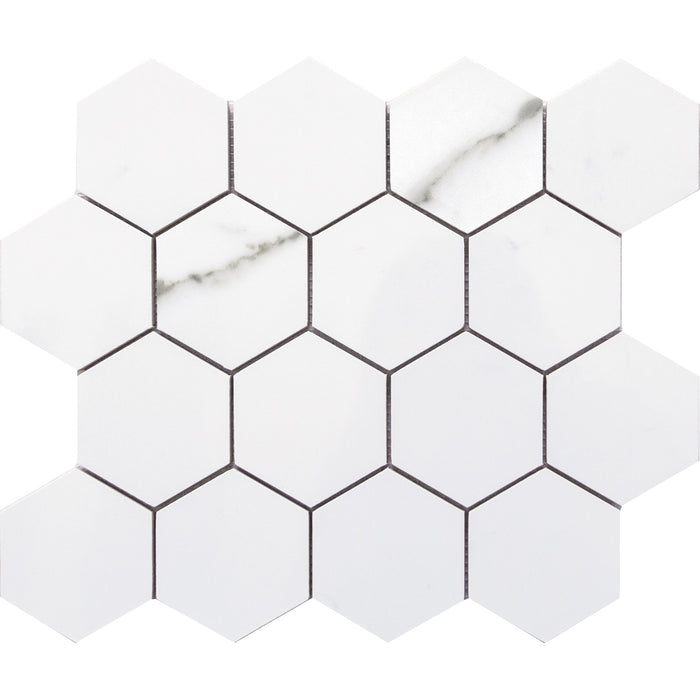 Happy Floors - Statuario 11 in. x 13 in. Large Hex Mosaic - (Glossy)