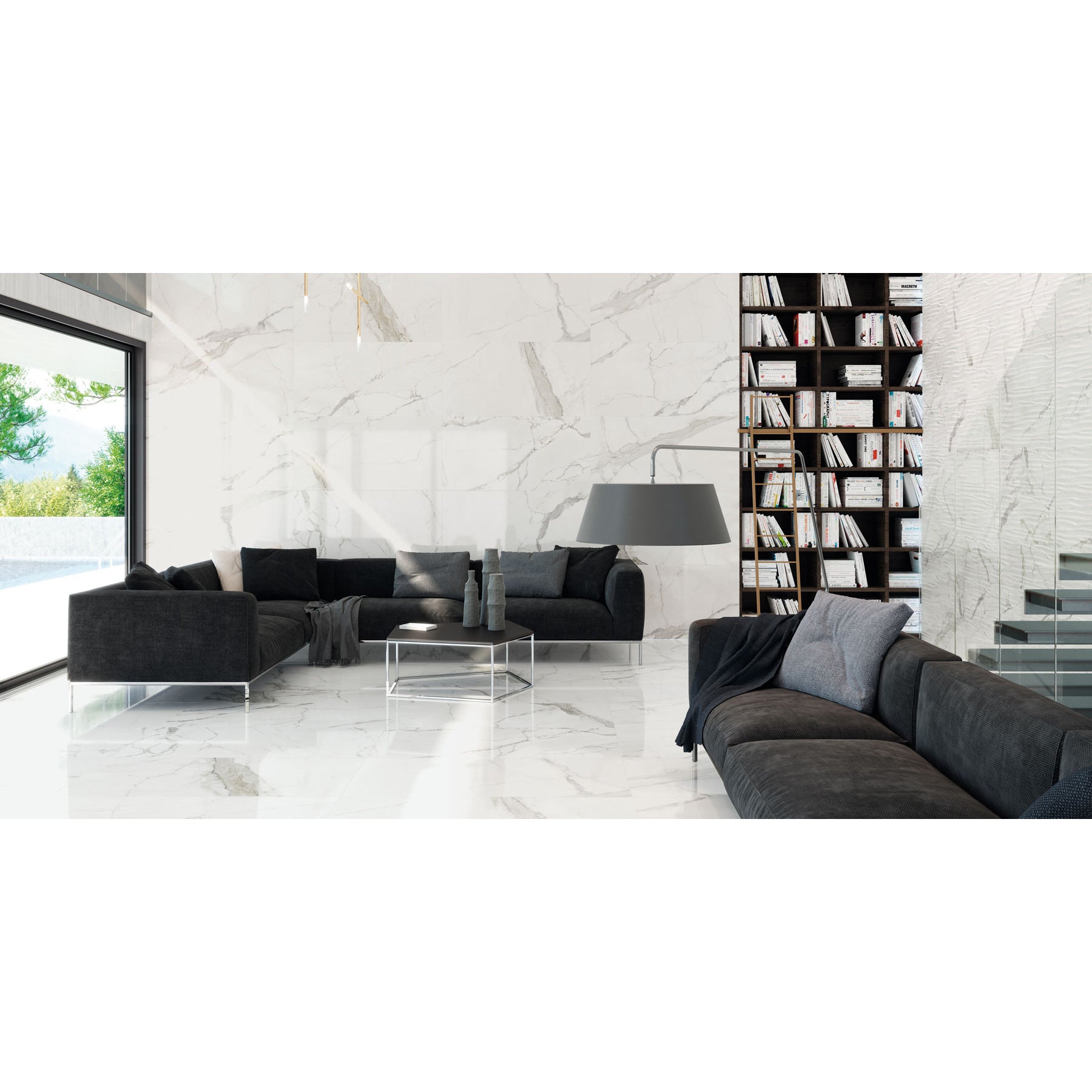 Happy Floors - Statuario 12 in. x 36 in. Rectified Porcelain Wall Tile - (Glossy)